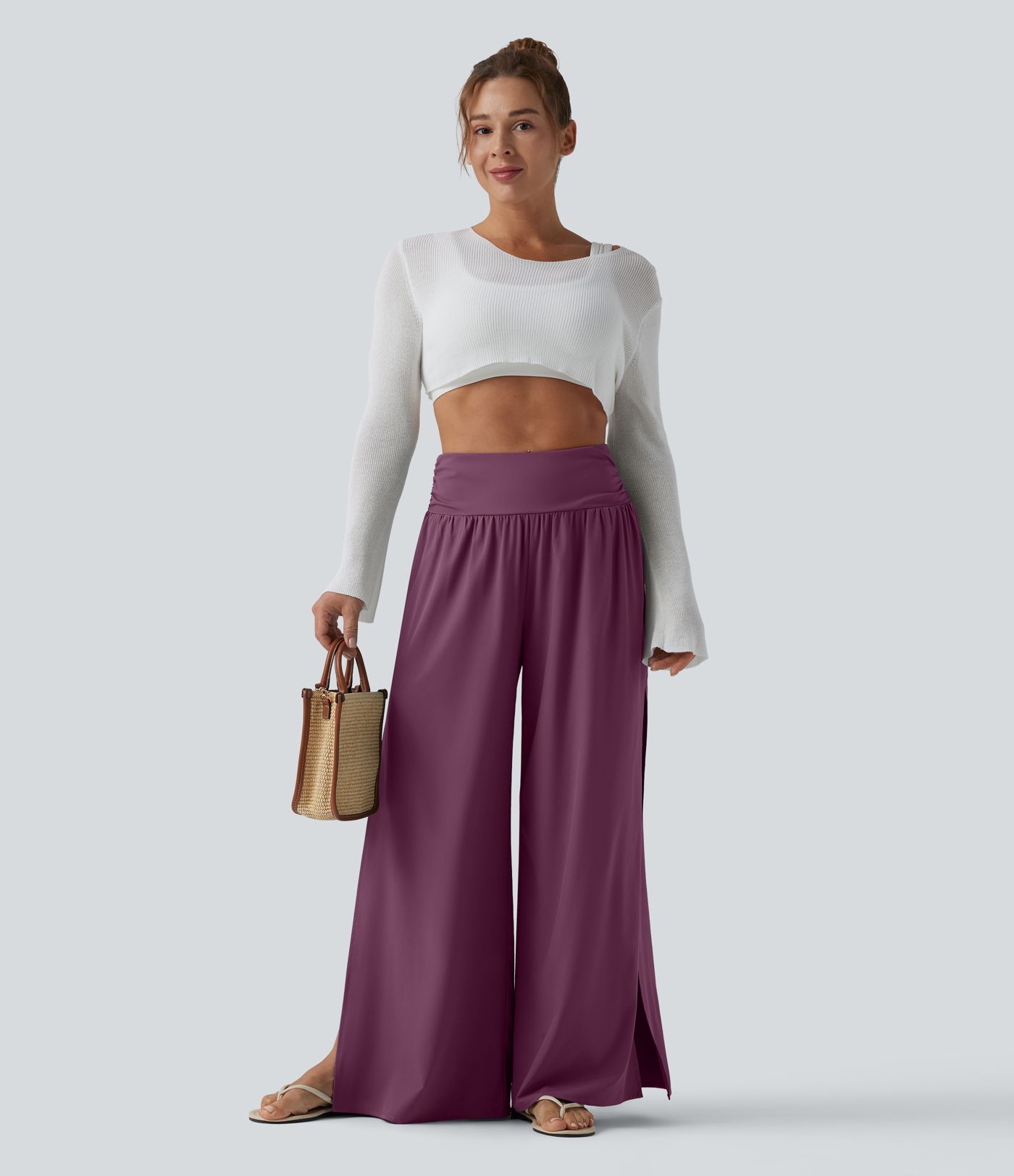 Breezeful™ High Waisted Ruched Split Quick Dry Resort Flowy Pants with Pockets