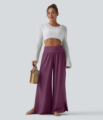 Breezeful™ High Waisted Ruched Split Quick Dry Resort Flowy Pants with Pockets