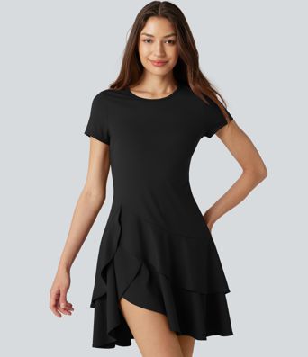 SoftlyZero™ Robe mini décontractée aérée col rond, manches courtes, ourlet à volants étagés, toucher frais SoftlyZero™ Robe mini décontractée aérée col rond, manches courtes, ourlet à volants étagés, toucher frais