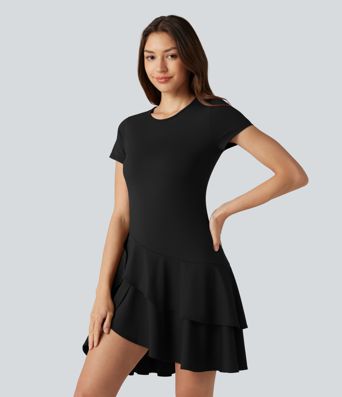 SoftlyZero™ Robe mini décontractée aérée col rond, manches courtes, ourlet à volants étagés, toucher frais SoftlyZero™ Robe mini décontractée aérée col rond, manches courtes, ourlet à volants étagés, toucher frais
