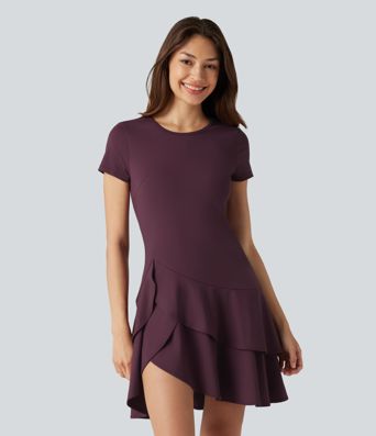 SoftlyZero™ Airy Round Neck Short Sleeve Layered Ruffle Hem Cool Touch Mini Casual Dress