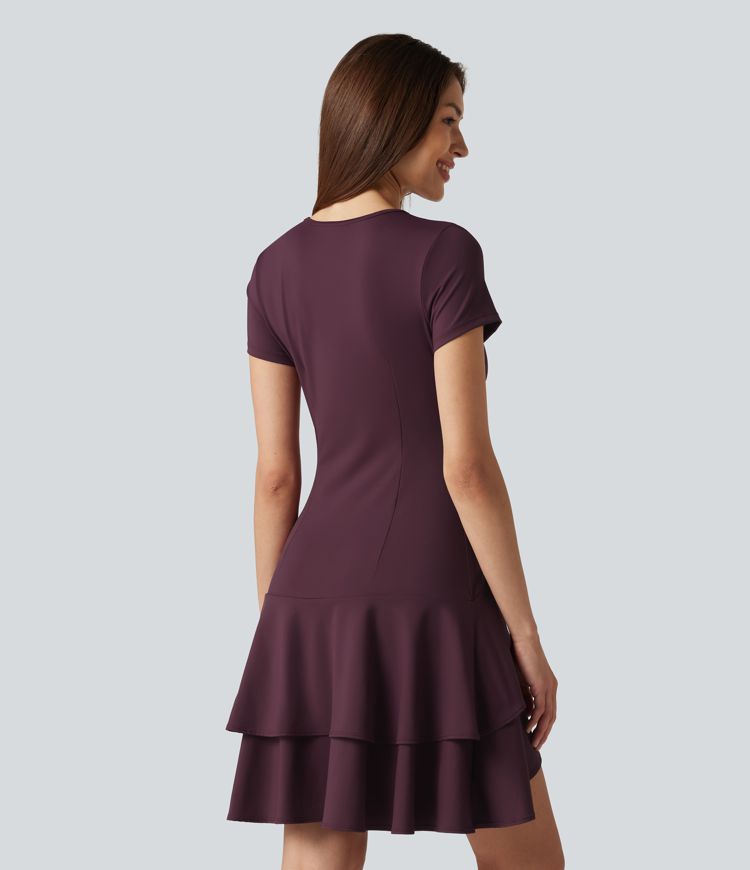 SoftlyZero™ Airy Round Neck Short Sleeve Layered Ruffle Hem Cool Touch Mini Casual Dress