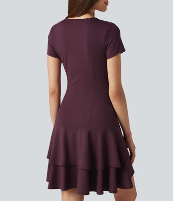 SoftlyZero™ Airy Round Neck Short Sleeve Layered Ruffle Hem Cool Touch Mini Casual Dress
