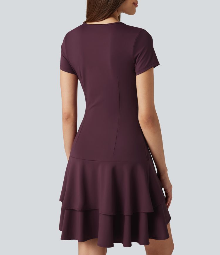 SoftlyZero™ Airy Round Neck Short Sleeve Layered Ruffle Hem Cool Touch Mini Casual Dress