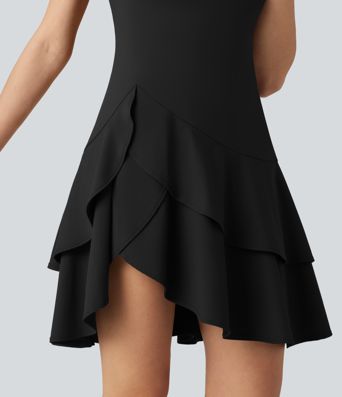 SoftlyZero™ Robe mini décontractée aérée col rond, manches courtes, ourlet à volants étagés, toucher frais SoftlyZero™ Robe mini décontractée aérée col rond, manches courtes, ourlet à volants étagés, toucher frais