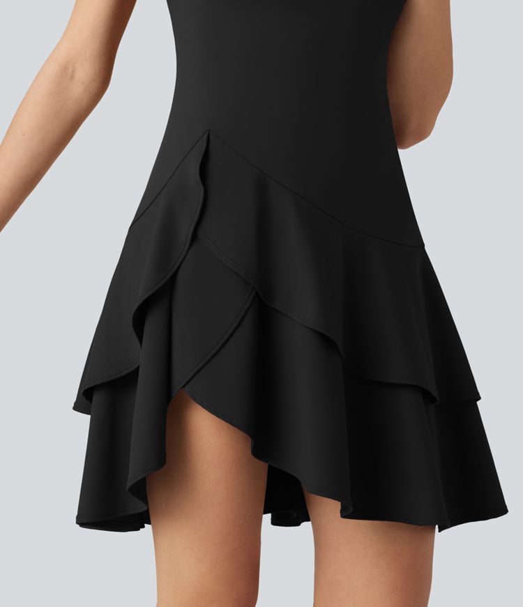 SoftlyZero™ Robe mini décontractée aérée col rond, manches courtes, ourlet à volants étagés, toucher frais SoftlyZero™ Robe mini décontractée aérée col rond, manches courtes, ourlet à volants étagés, toucher frais
