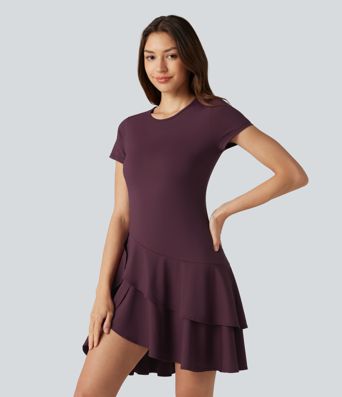 SoftlyZero™ Airy Round Neck Short Sleeve Layered Ruffle Hem Cool Touch Mini Casual Dress