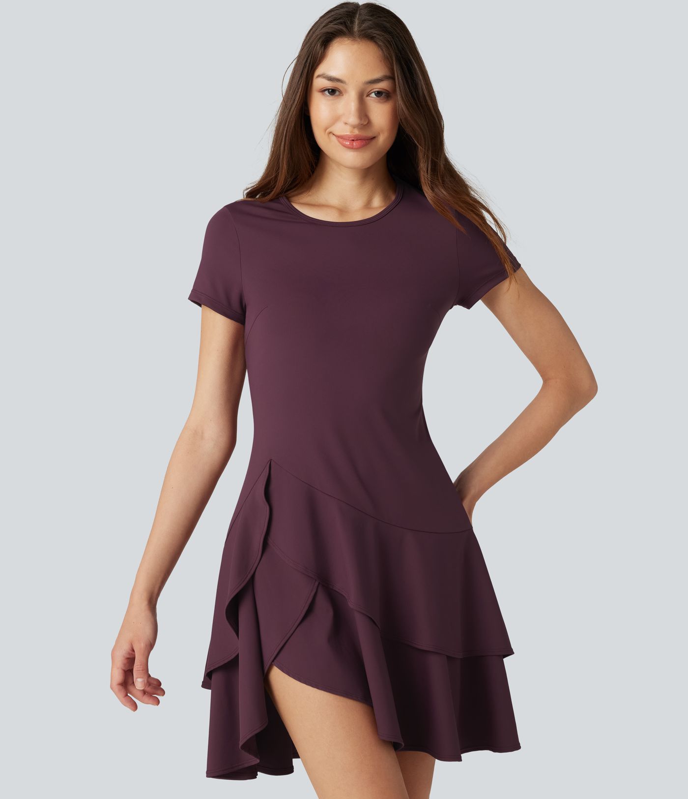SoftlyZero™ Airy Round Neck Short Sleeve Layered Ruffle Hem Cool Touch Mini Casual Dress
