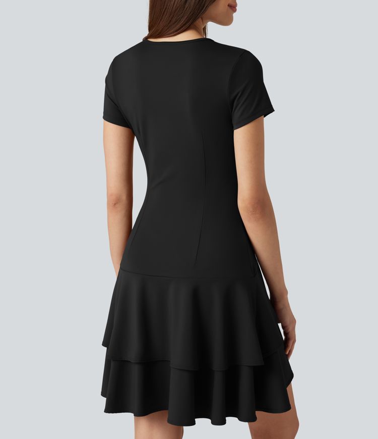 SoftlyZero™ Robe mini décontractée aérée col rond, manches courtes, ourlet à volants étagés, toucher frais SoftlyZero™ Robe mini décontractée aérée col rond, manches courtes, ourlet à volants étagés, toucher frais