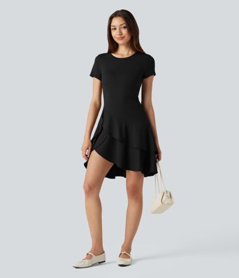 SoftlyZero™ Robe mini décontractée aérée col rond, manches courtes, ourlet à volants étagés, toucher frais SoftlyZero™ Robe mini décontractée aérée col rond, manches courtes, ourlet à volants étagés, toucher frais
