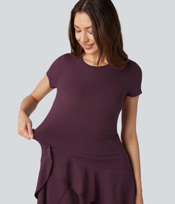 SoftlyZero™ Airy Round Neck Short Sleeve Layered Ruffle Hem Cool Touch Mini Casual Dress
