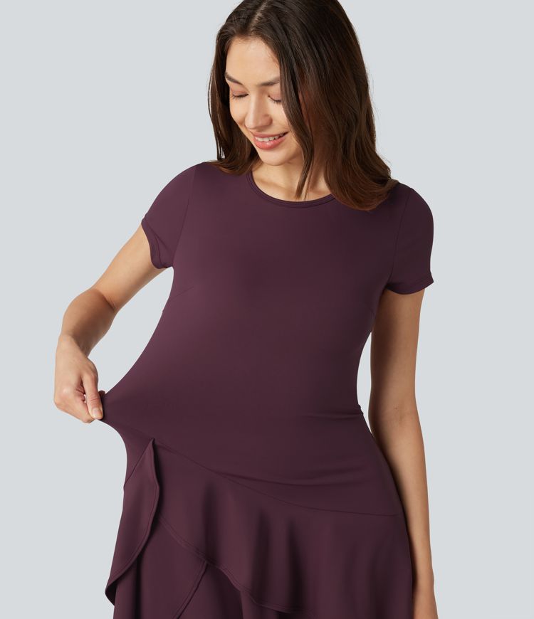 SoftlyZero™ Airy Round Neck Short Sleeve Layered Ruffle Hem Cool Touch Mini Casual Dress