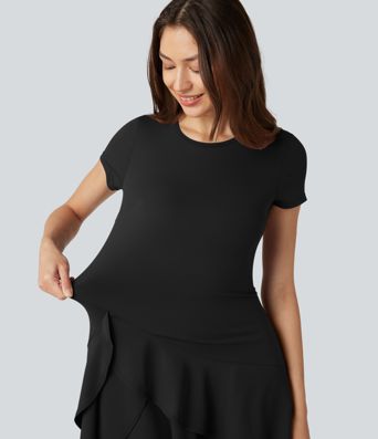 SoftlyZero™ Robe mini décontractée aérée col rond, manches courtes, ourlet à volants étagés, toucher frais SoftlyZero™ Robe mini décontractée aérée col rond, manches courtes, ourlet à volants étagés, toucher frais