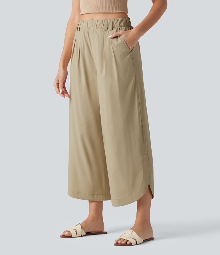 High Waisted Wide Leg Curved Hem Cropped Casual Stretch Linen Pants with Pockets