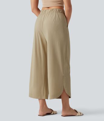 High Waisted Wide Leg Curved Hem Cropped Casual Stretch Linen Pants with Pockets