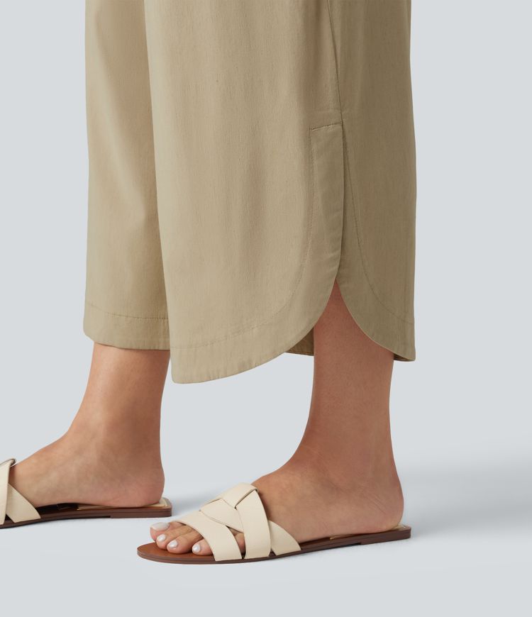 High Waisted Wide Leg Curved Hem Cropped Casual Stretch Linen Pants with Pockets