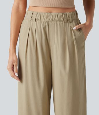 High Waisted Wide Leg Curved Hem Cropped Casual Stretch Linen Pants with Pockets