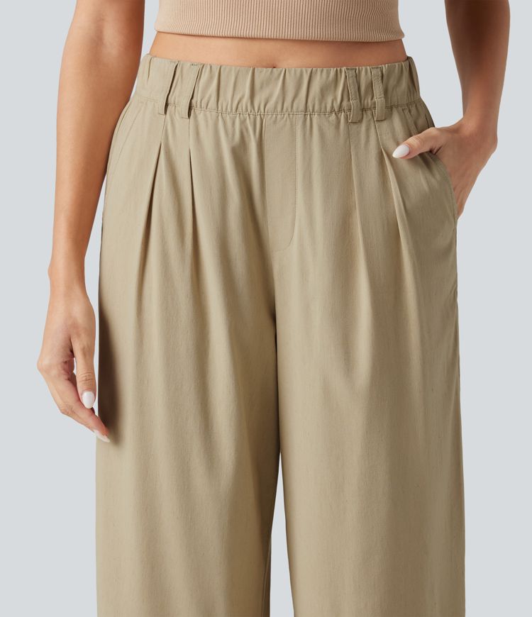High Waisted Wide Leg Curved Hem Cropped Casual Stretch Linen Pants with Pockets