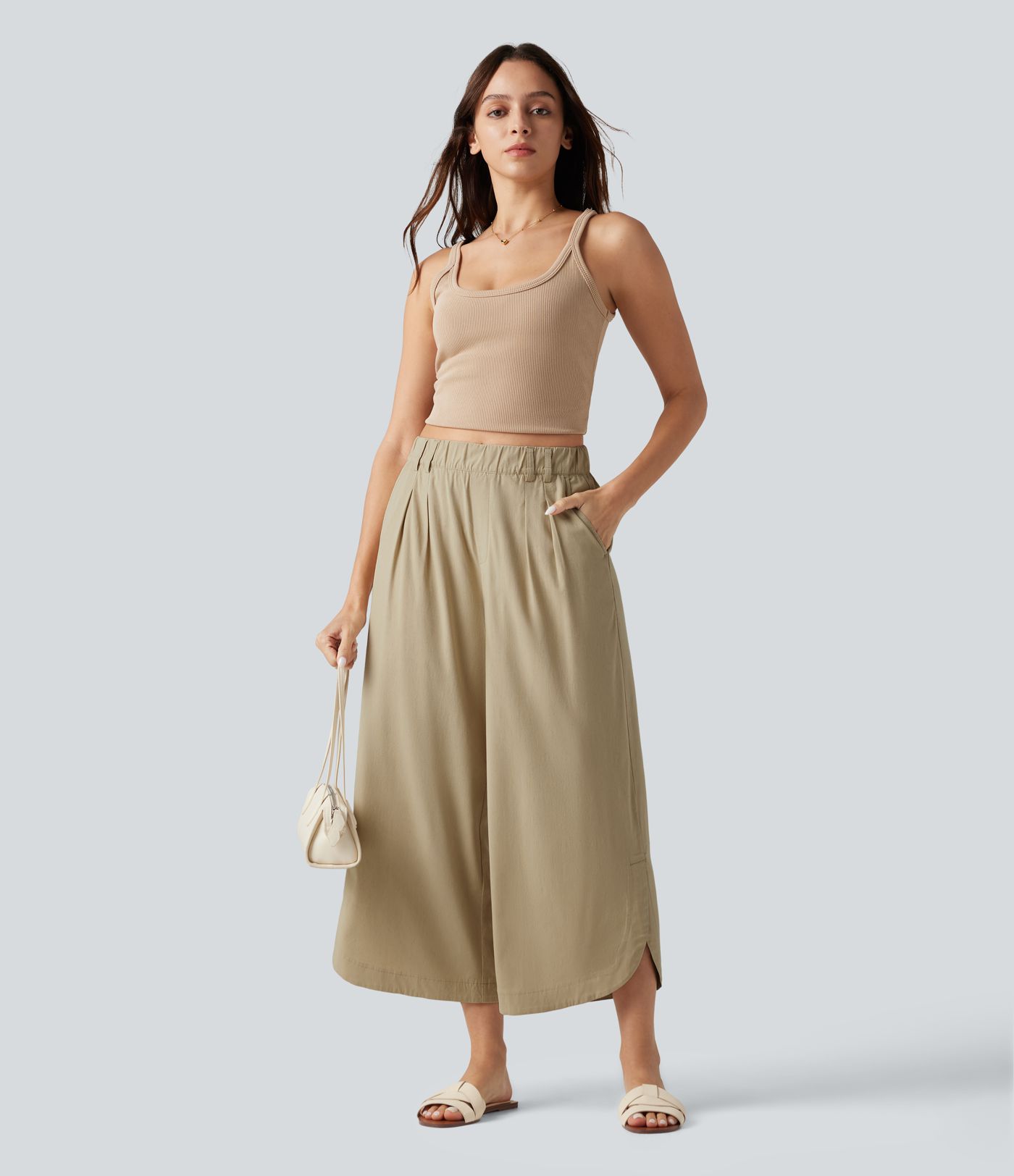 High Waisted Wide Leg Curved Hem Cropped Casual Stretch Linen Pants with Pockets