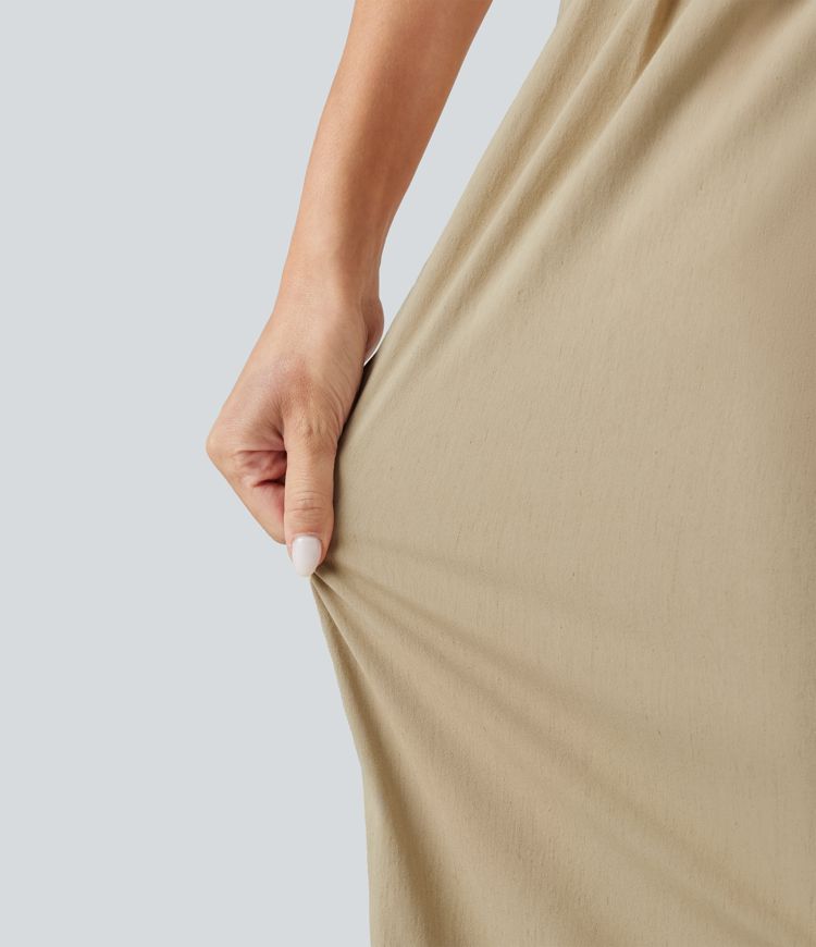 High Waisted Wide Leg Curved Hem Cropped Casual Stretch Linen Pants with Pockets