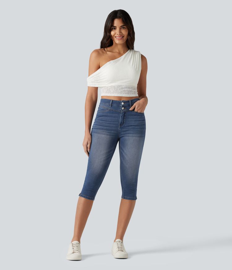 Halara Flex™ - Lässige Capri-Jeans mit hohem Bund, mehreren Taschen und geschlitztem Saum - slim Halara Flex™ - Lässige Capri-Jeans mit hohem Bund, mehreren Taschen und geschlitztem Saum - slim