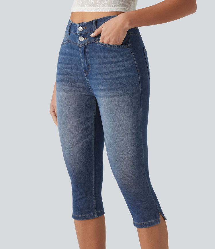 Halara Flex™ - Lässige Capri-Jeans mit hohem Bund, mehreren Taschen und geschlitztem Saum - slim Halara Flex™ - Lässige Capri-Jeans mit hohem Bund, mehreren Taschen und geschlitztem Saum - slim