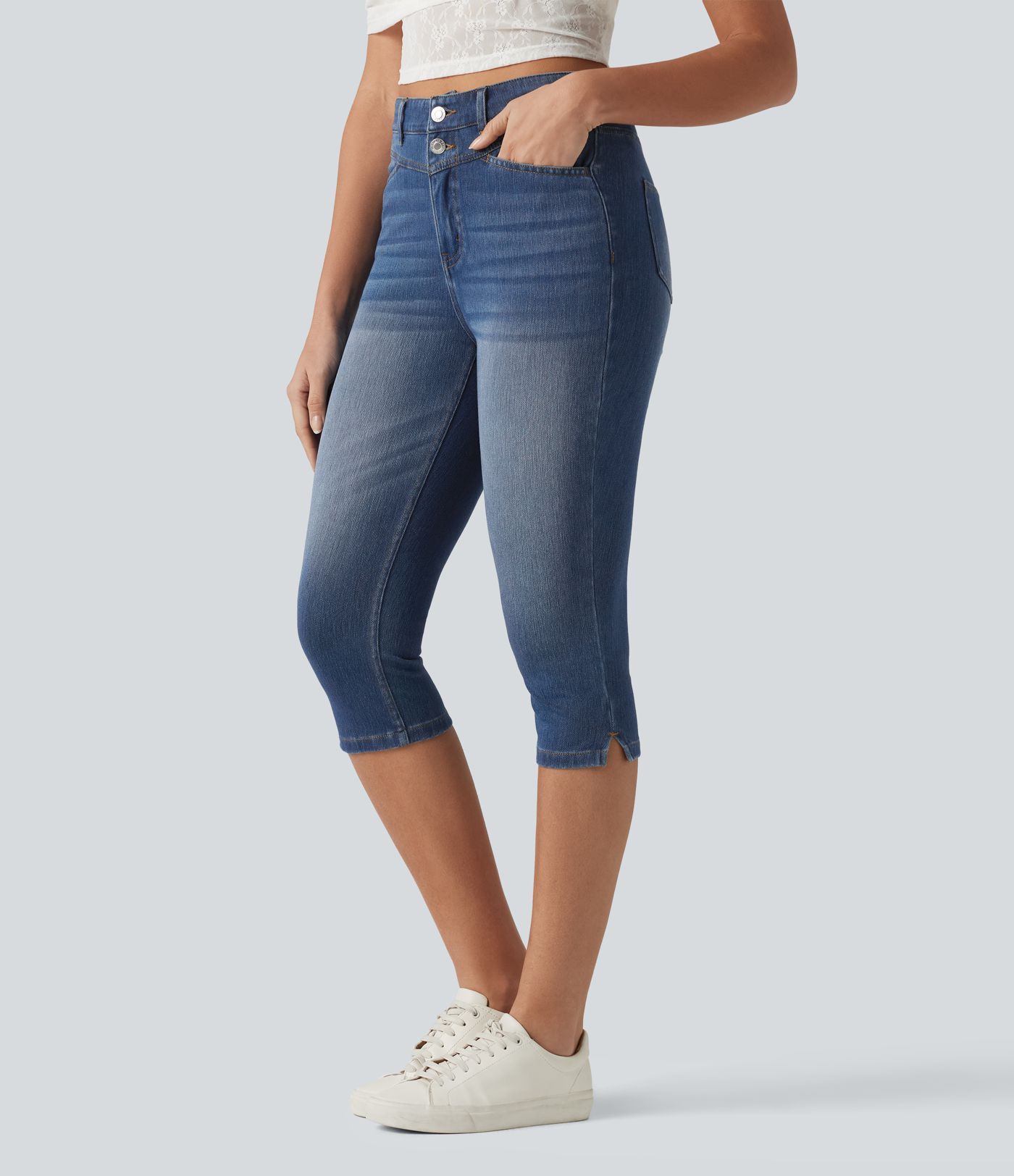 Halara Flex™ - Lässige Capri-Jeans mit hohem Bund, mehreren Taschen und geschlitztem Saum - slim Halara Flex™ - Lässige Capri-Jeans mit hohem Bund, mehreren Taschen und geschlitztem Saum - slim