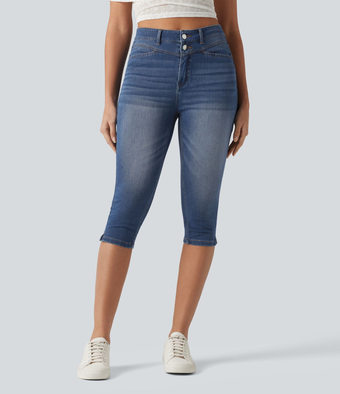Halara Flex™ - Lässige Capri-Jeans mit hohem Bund, mehreren Taschen und geschlitztem Saum - slim Halara Flex™ - Lässige Capri-Jeans mit hohem Bund, mehreren Taschen und geschlitztem Saum - slim