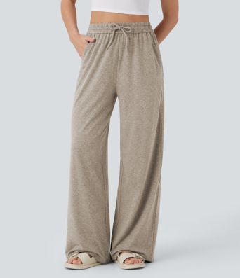 High Waisted Drawstring Pocket Wide Leg Baggy Casual Pants
