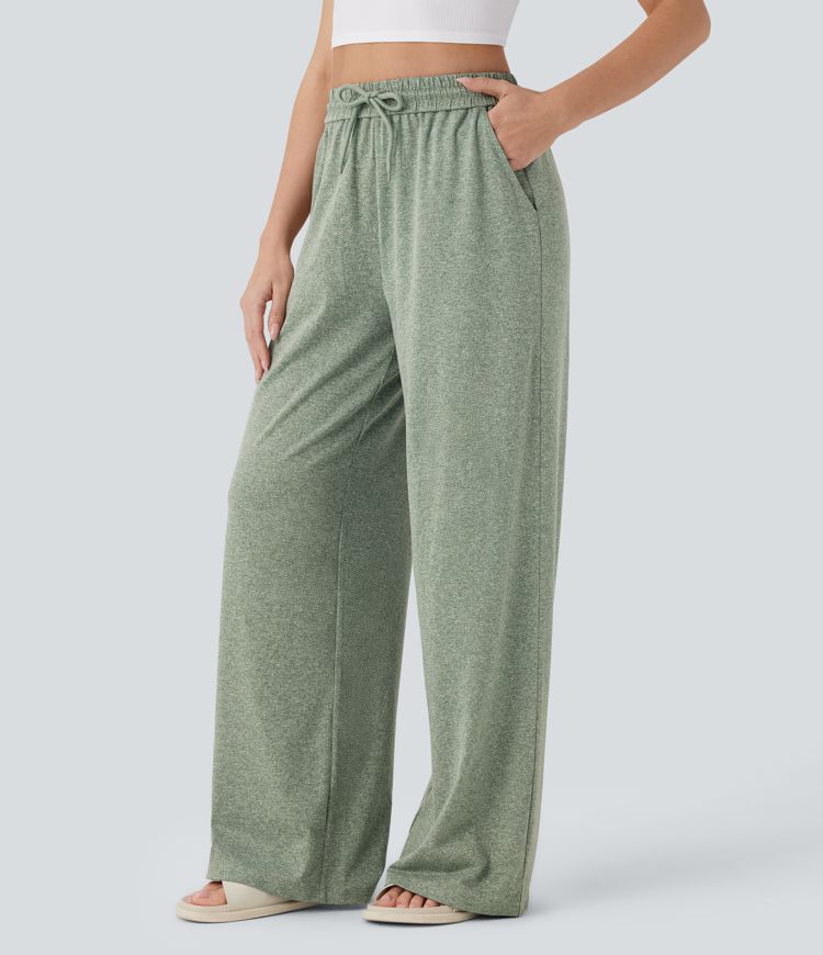 Hochtaillierte Drawstring-Taschen Weite Bein Freizeit-Hosen