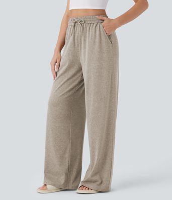 High Waisted Drawstring Pocket Wide Leg Baggy Casual Pants