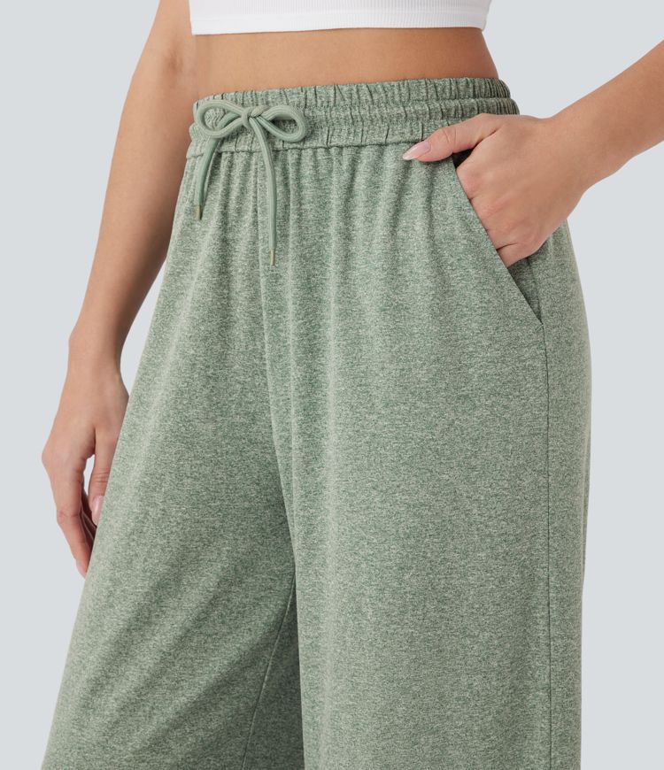 Hochtaillierte Drawstring-Taschen Weite Bein Freizeit-Hosen