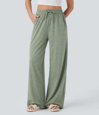Hochtaillierte Drawstring-Taschen Weite Bein Freizeit-Hosen