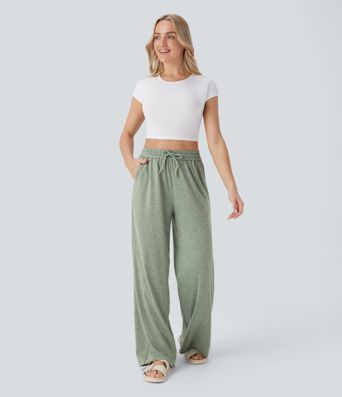Hochtaillierte Drawstring-Taschen Weite Bein Freizeit-Hosen