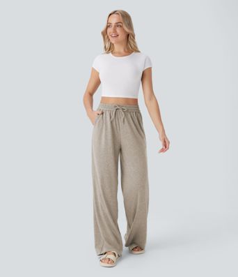 High Waisted Drawstring Pocket Wide Leg Baggy Casual Pants