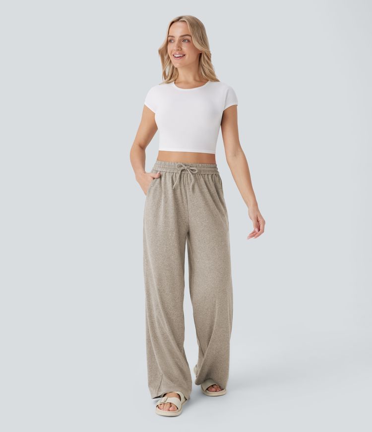 High Waisted Drawstring Pocket Wide Leg Baggy Casual Pants