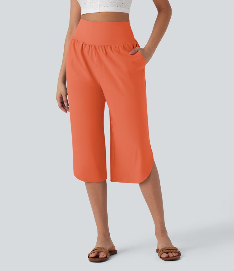 Breezeful™ High Waisted Tummy Control Hem Quick Dry Capri Pants with Pockets