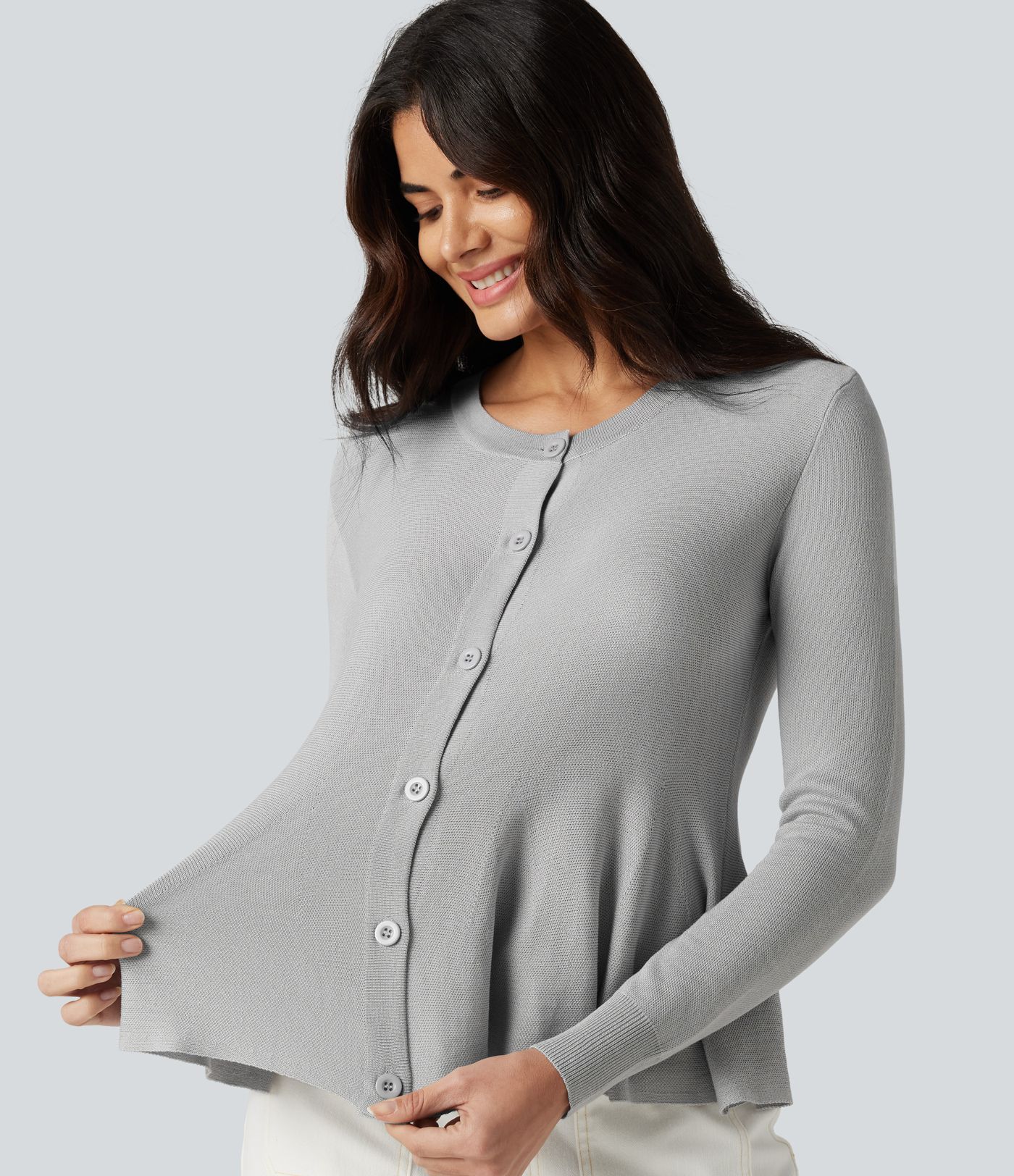 Round Neck Long Sleeve Ruffle Hem Work Cardigan