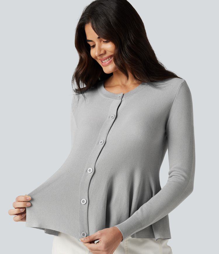 Round Neck Long Sleeve Ruffle Hem Work Cardigan