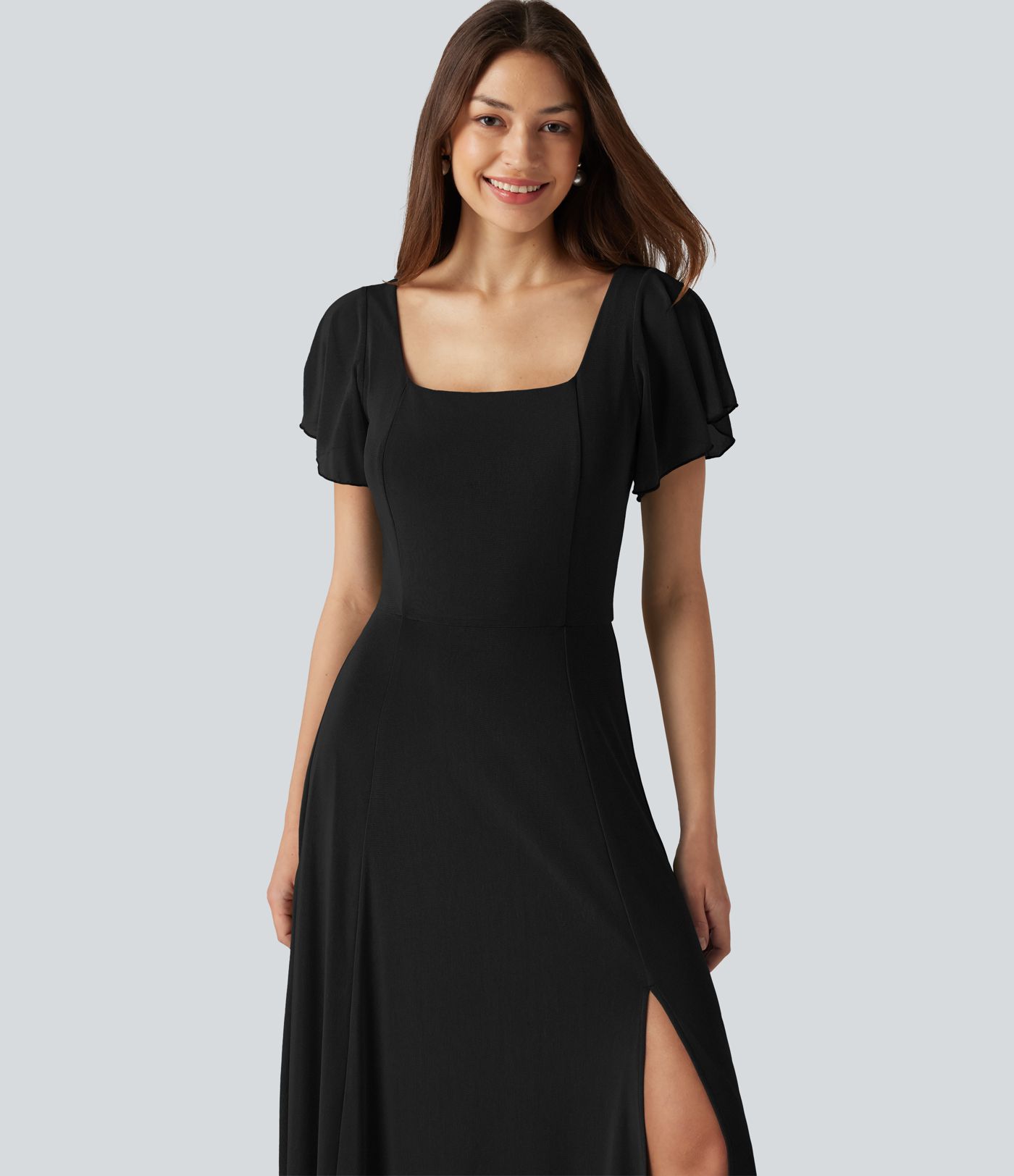 Square Neck Short Sleeve Built-in Bra Tie Back Flowy Maxi Dress
