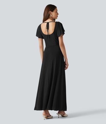 Square Neck Short Sleeve Built-in Bra Tie Back Flowy Maxi Dress
