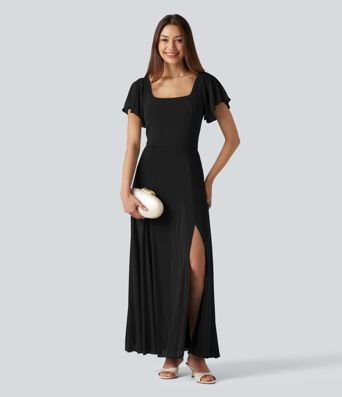Square Neck Short Sleeve Built-in Bra Tie Back Flowy Maxi Dress