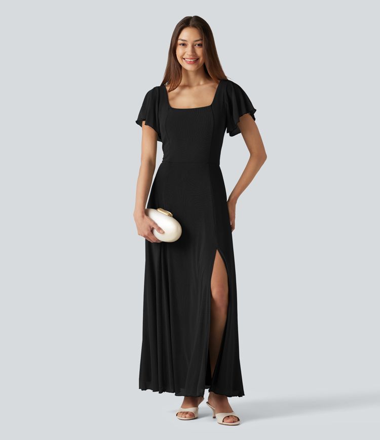 Square Neck Short Sleeve Built-in Bra Tie Back Flowy Maxi Dress