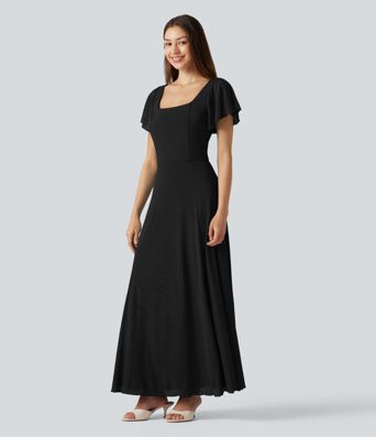 Square Neck Short Sleeve Built-in Bra Tie Back Flowy Maxi Dress