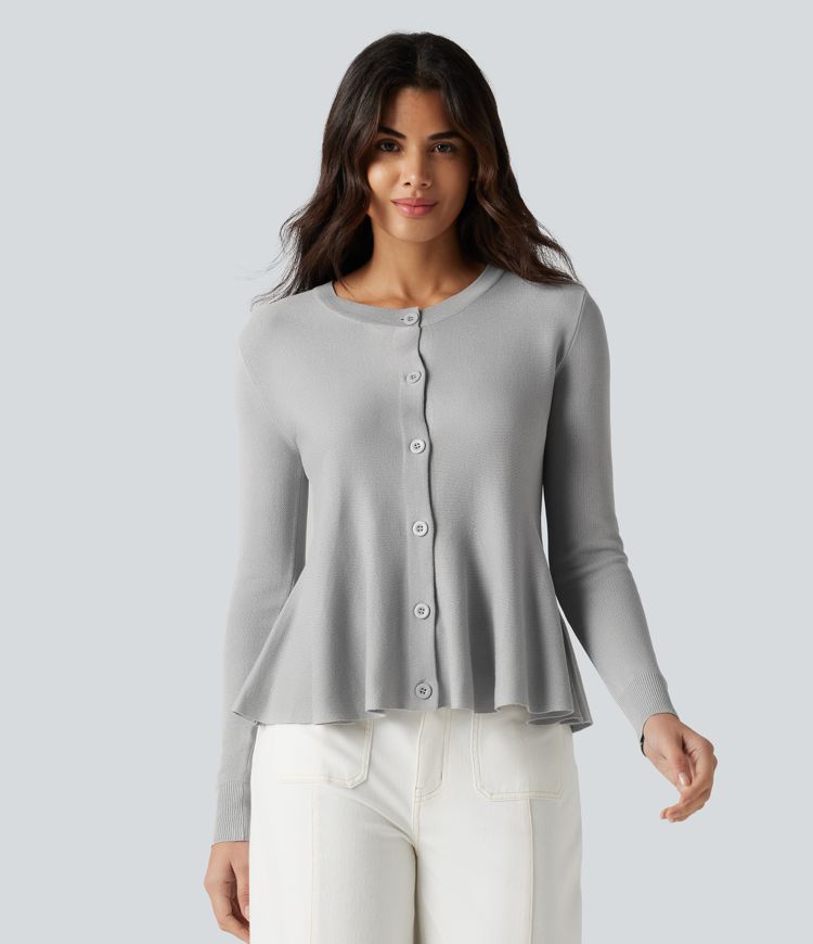 Round Neck Long Sleeve Ruffle Hem Work Cardigan