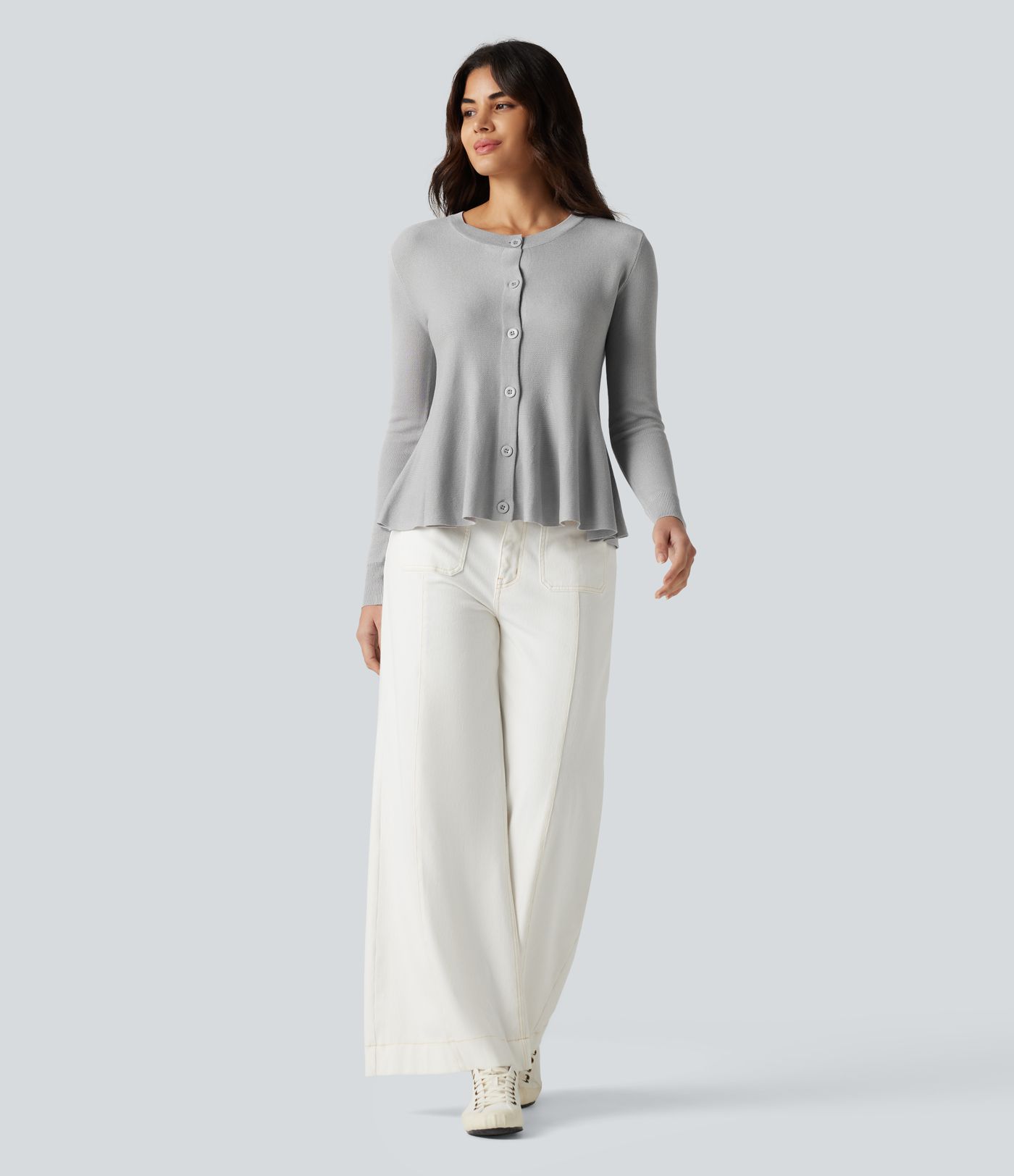 Round Neck Long Sleeve Ruffle Hem Work Cardigan