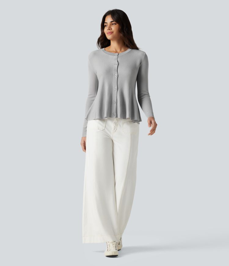 Round Neck Long Sleeve Ruffle Hem Work Cardigan