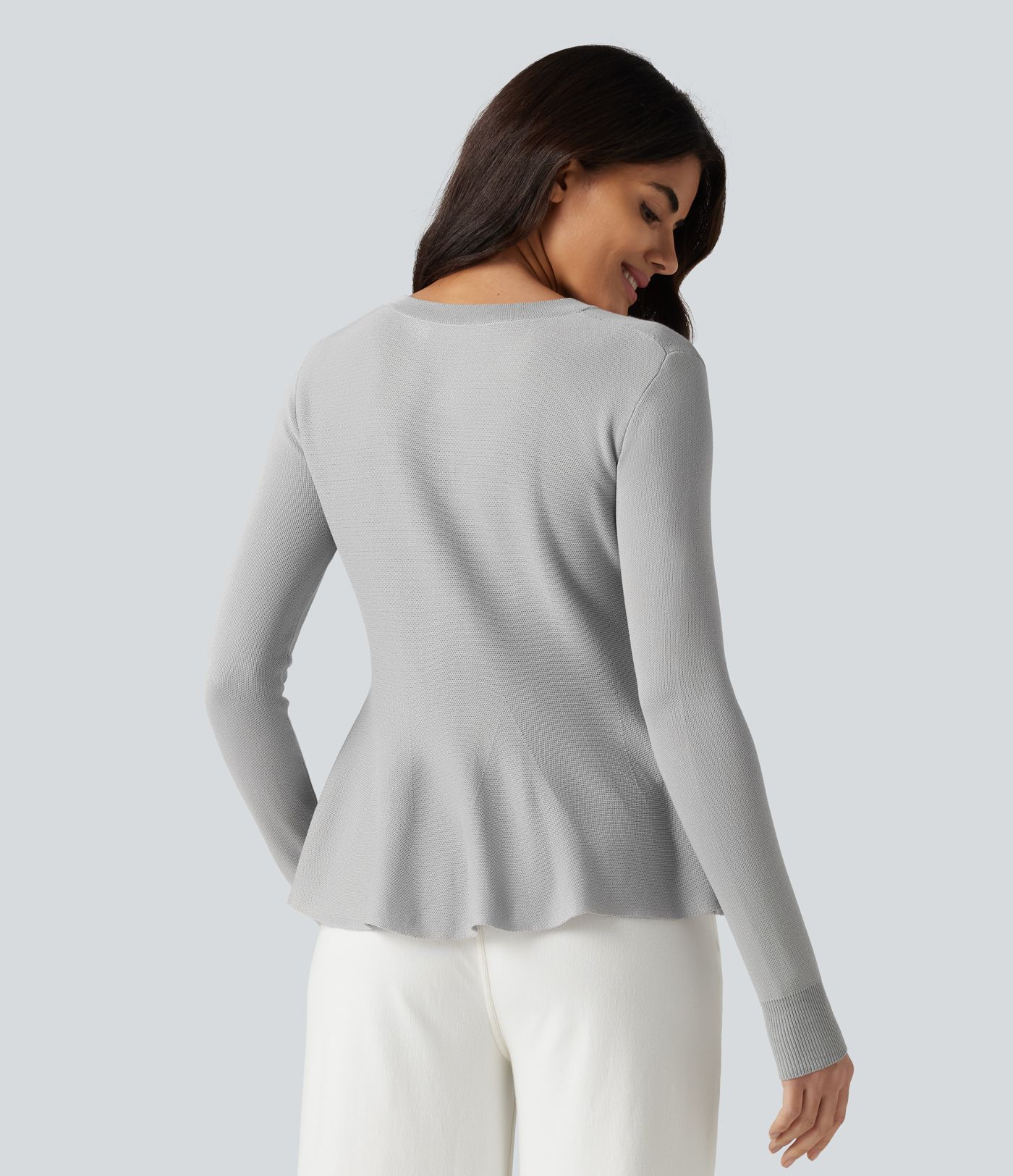 Round Neck Long Sleeve Ruffle Hem Work Cardigan