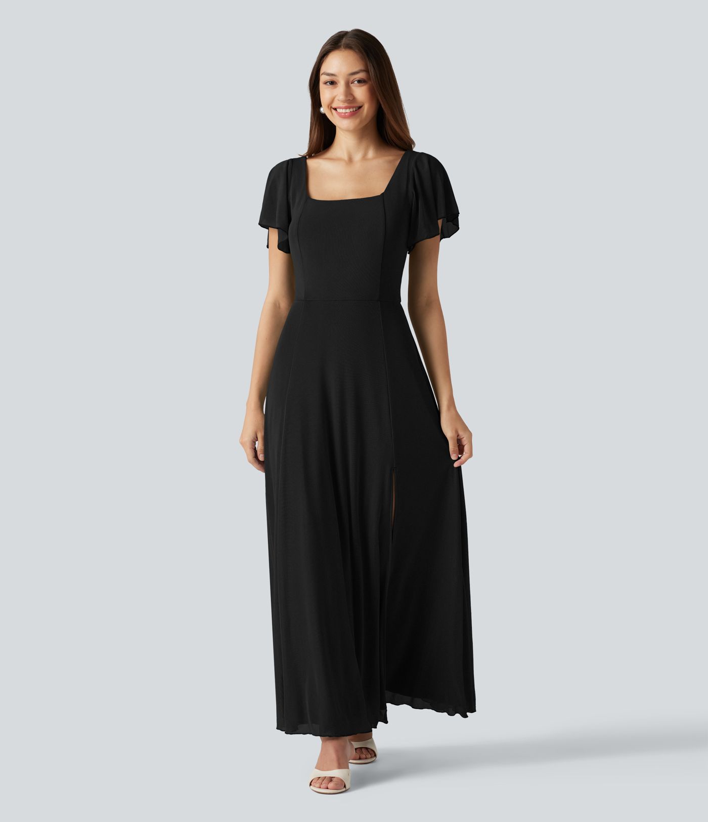Square Neck Short Sleeve Built-in Bra Tie Back Flowy Maxi Dress