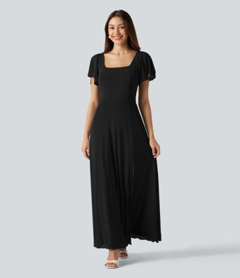 Square Neck Short Sleeve Built-in Bra Tie Back Flowy Maxi Dress